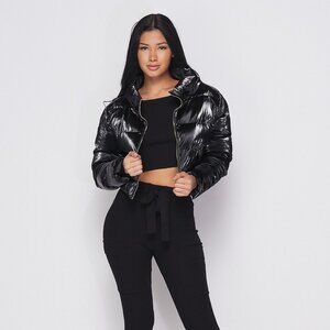 Shiny Bubble Crop Jacket Black Shine Puffer Fashion Coat sz Large
